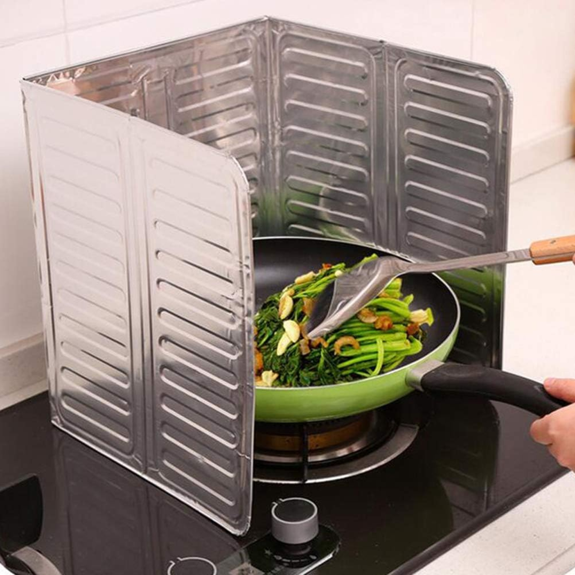 2_1757922451.jpg 3-Sided Oil Proof Aluminum Foil Splatter Guard | Foldable Heat Insulation for Kitchen Stove | Silver - Image 2