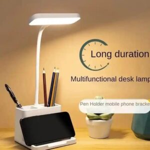 LED Desk Lamp with Built-In Pen Organizer & Mobile Holder | Touch-Control Adjustable Light.