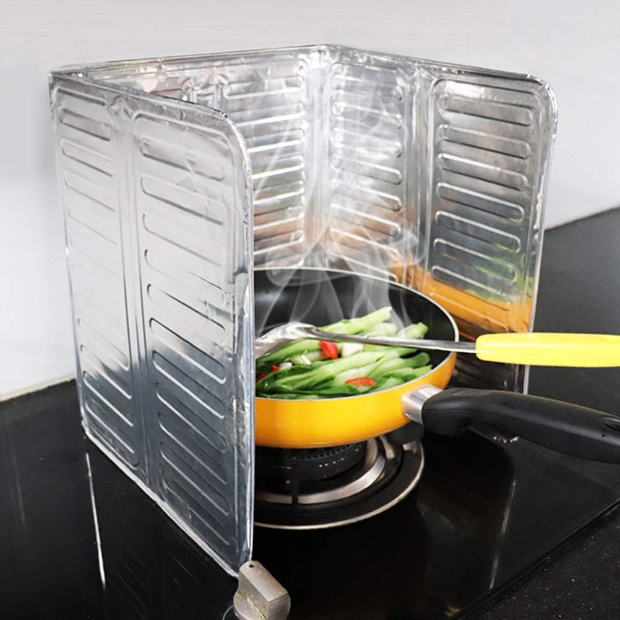 4_1757922452.jpg 3-Sided Oil Proof Aluminum Foil Splatter Guard | Foldable Heat Insulation for Kitchen Stove | Silver - Image 4