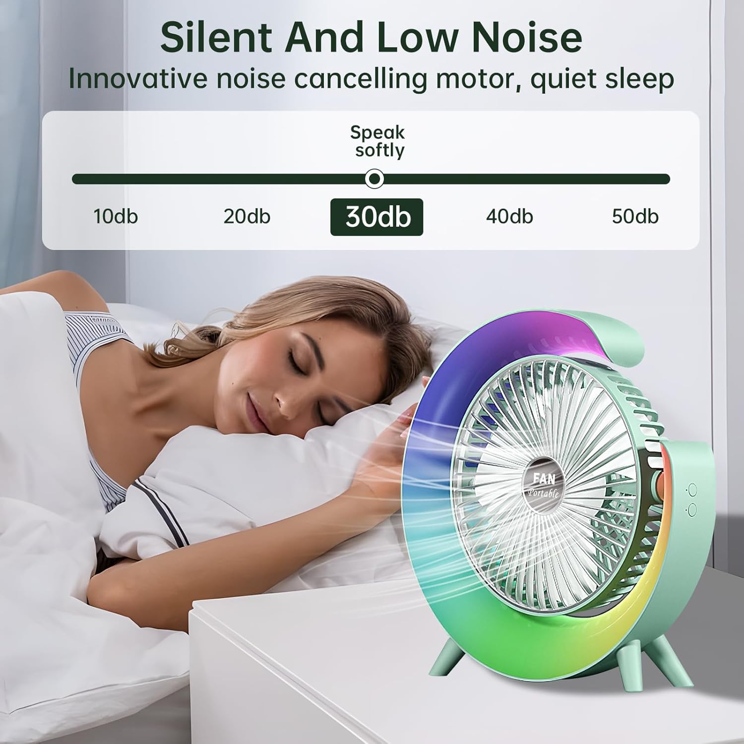 711zRH7gtyL._AC_SL1500__1748113634.jpg Colorful USB Rechargeable Desktop Fan | Silent Cooling, LED Ambient Light, 3-Speed Rotation - Image 3