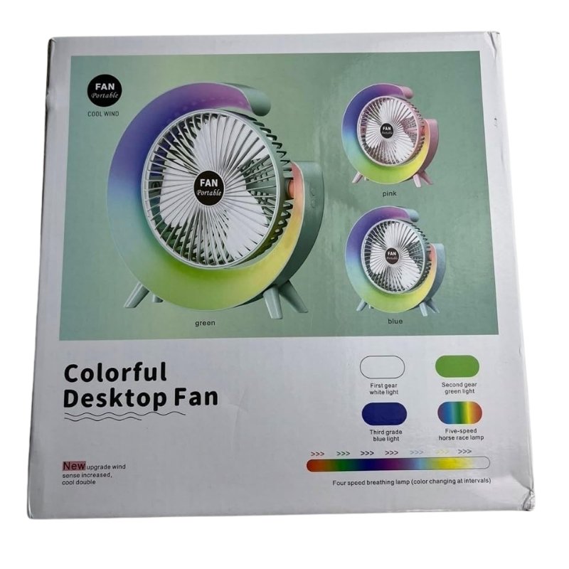 Products800x8001_1748113633.jpg Colorful USB Rechargeable Desktop Fan | Silent Cooling, LED Ambient Light, 3-Speed Rotation - Image 8