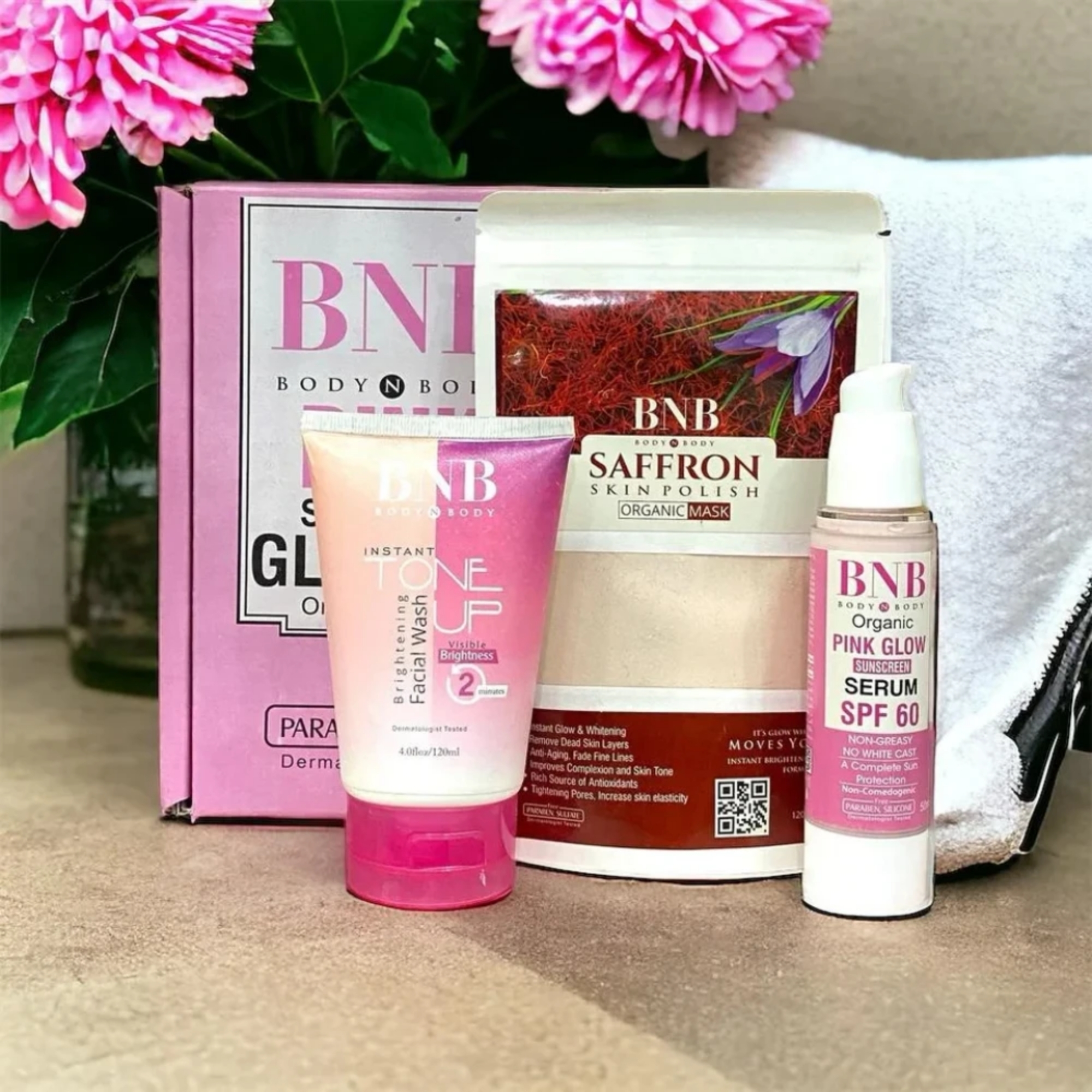 bnbpink6_1758016795.jpg BNB Pink Face Glow Kit | 3-in-1 Skincare Wash Mask SPF Protection Set - Image 6