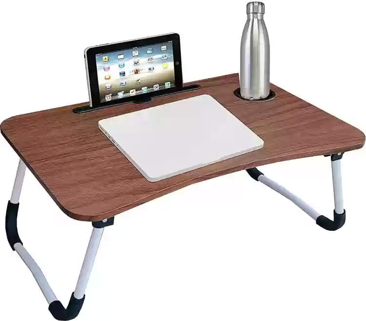 plywood-light-wooden-table-mk-mart-pink-original-imag3y62qgymsyhz_1731859099.webp Laptop Table | Brown Color | Foldable Legs, Tablet Groove & Cup Slot | Perfect for Working, Reading, Writing, and Eating - Image 2