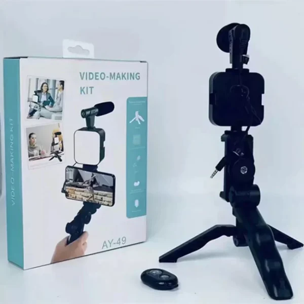 video-vlog-making-kit-with-remote-good-quality-11_1726834548.webp AY-49 Video Making Kit | All-in-One Vlogging Tripod with Wireless Remote, Microphone, LED Light & Mobile Holder