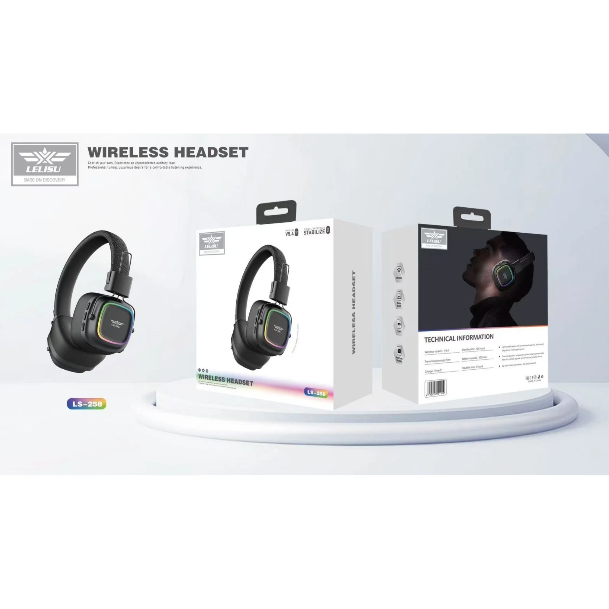 Lelisu LS-258 Wireless Stereo Headphones | Bluetooth 5.4 Over-Ear Headset with Type-C Charging & LED Lights