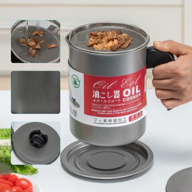 1.4L Fryer Oil Filter Pot Carbon Steel Jug with Stainless Steel Strainer Lid - Image 6