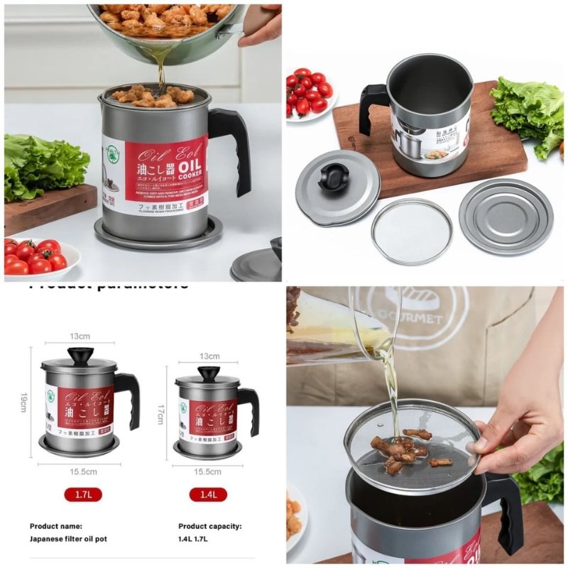 1.4L Fryer Oil Filter Pot Carbon Steel Jug with Stainless Steel Strainer Lid - Image 5