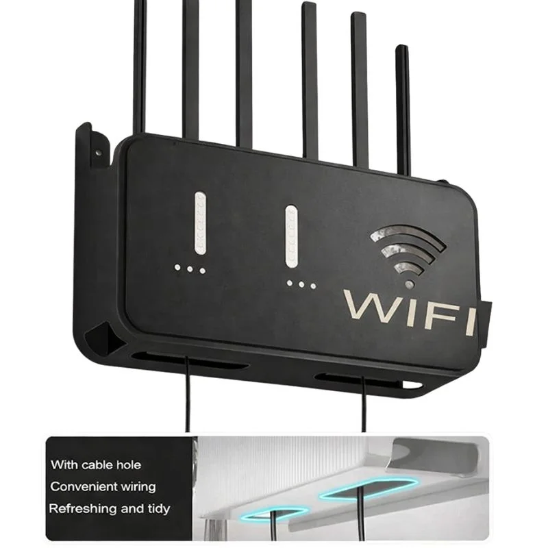 Black WiFi Router Storage Box & Wall Mount Shelf Universal Cable Organizer | Space-Saving Holder for Modem, Set-Top Box & Smart Devices - Image 2