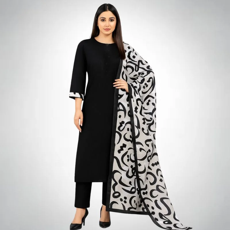 Katan Silk 3-Piece Suit for Women | Unstitched Plain Shirt & Trouser with Heavy Winter Silk Shawl - Image 3