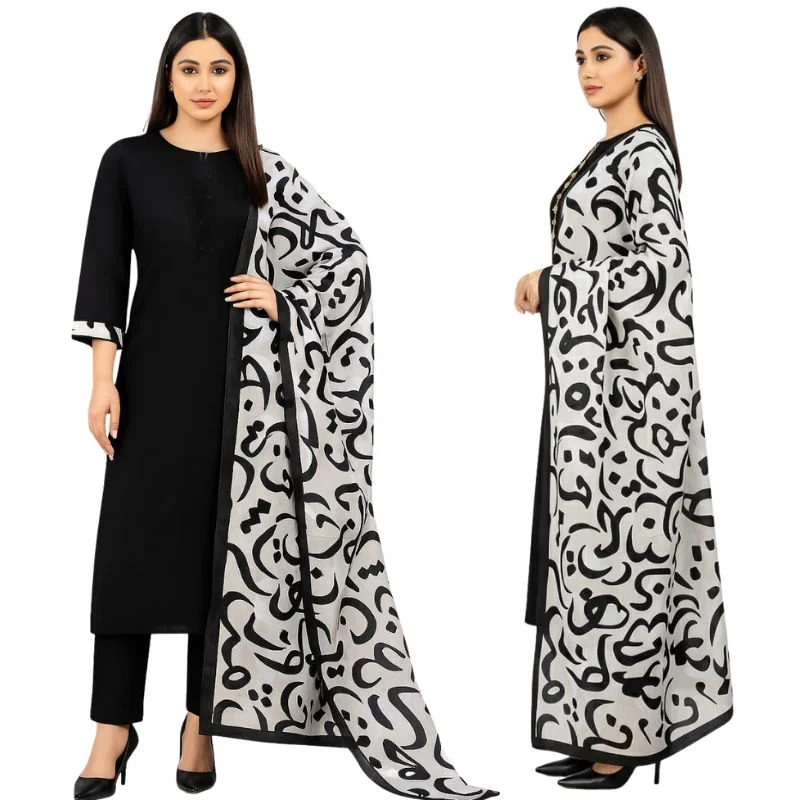 Katan Silk 3-Piece Suit for Women | Unstitched Plain Shirt & Trouser with Heavy Winter Silk Shawl - Image 6