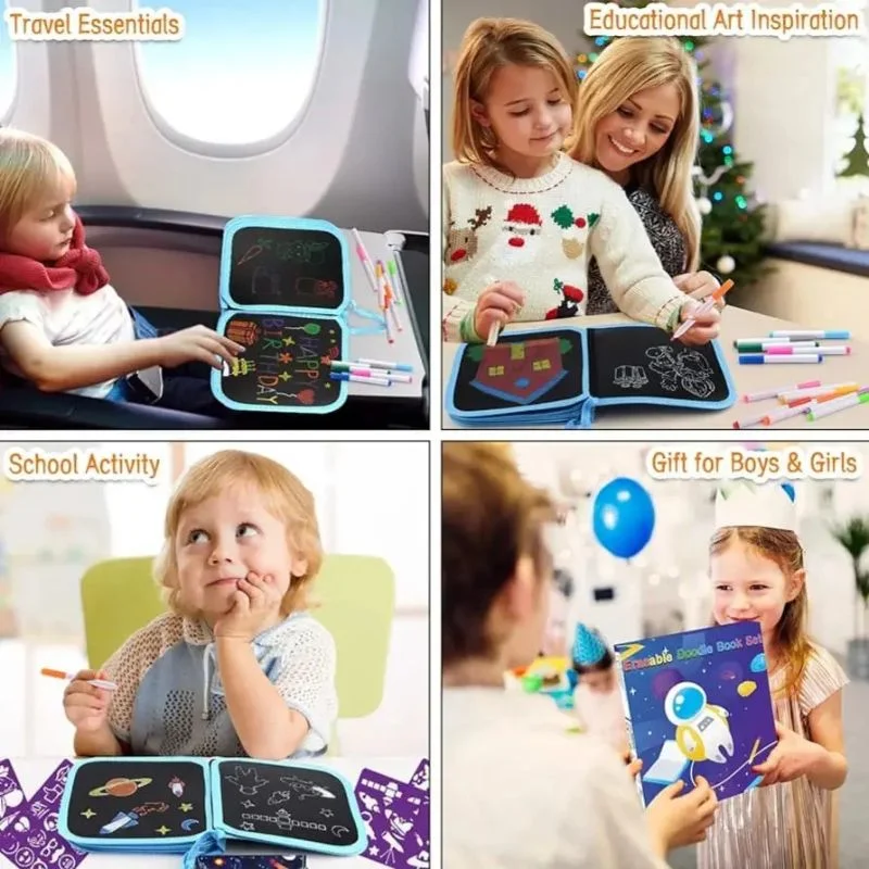 Erasable Doodle Drawing Book for Kids | Reusable Waterproof Activity Book with 3 Pens & 3 Wipes | Random Designs - Image 3