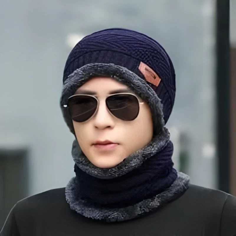 Winter Wool Cap with Neck Warmer Set | Thermal Beanie & Scarf Combo | Blue And Gray - Image 6