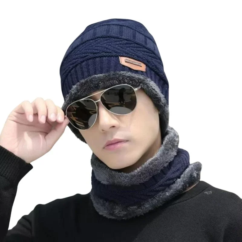 Winter Wool Cap with Neck Warmer Set | Thermal Beanie & Scarf Combo | Blue And Gray - Image 3