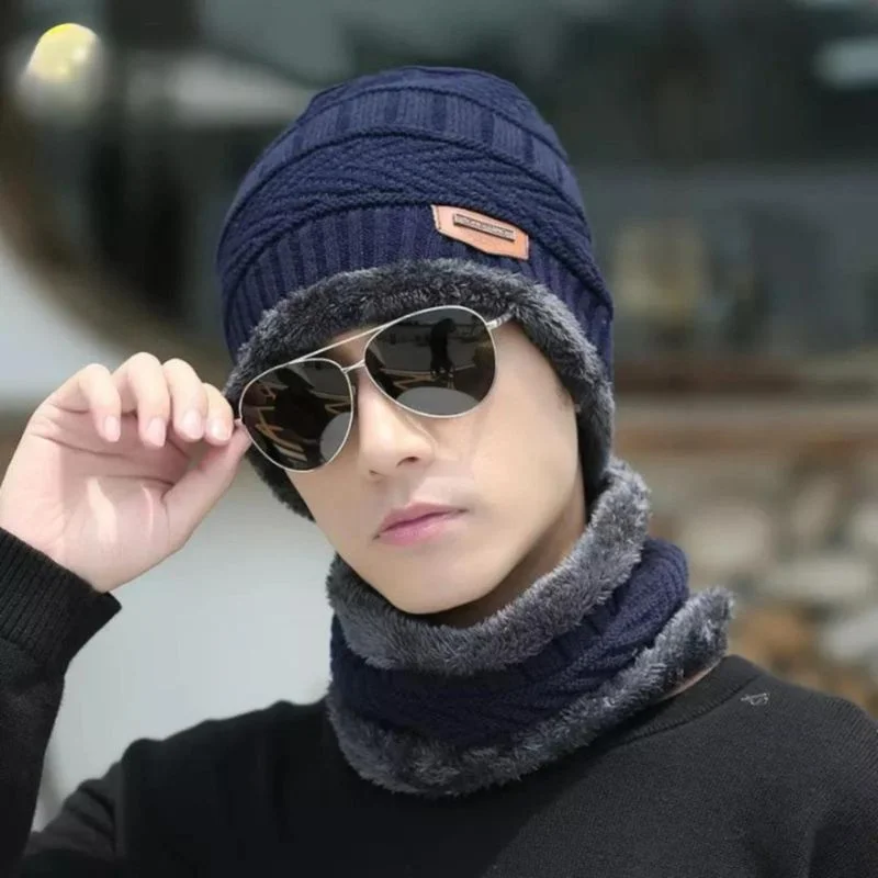 Winter Wool Cap with Neck Warmer Set | Thermal Beanie & Scarf Combo | Blue And Gray - Image 2