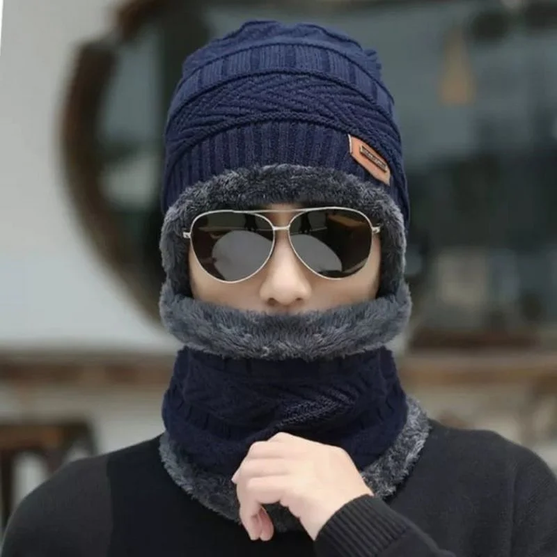 Winter Wool Cap with Neck Warmer Set | Thermal Beanie & Scarf Combo | Blue And Gray