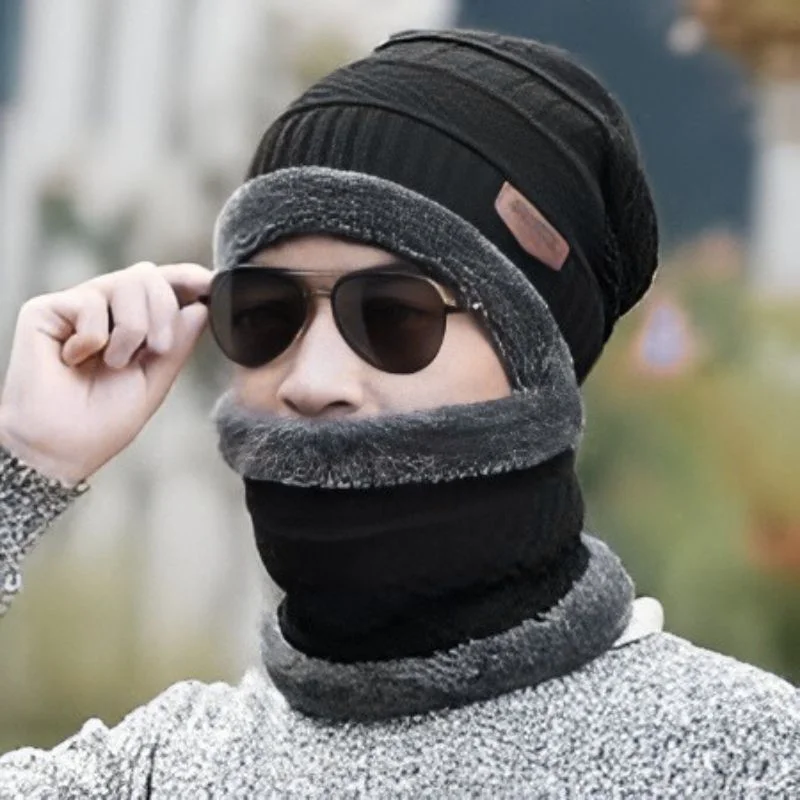 Winter Wool Cap with Neck Warmer Set | Thermal Beanie & Scarf Combo | Black And Gray - Image 3