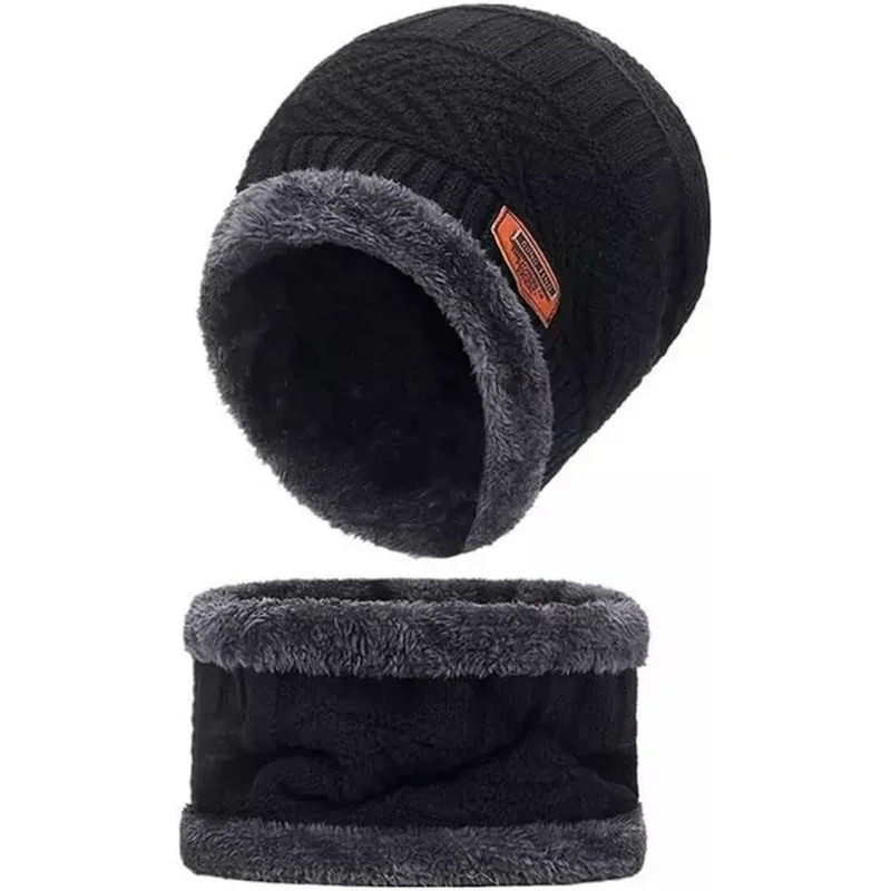 Winter Wool Cap with Neck Warmer Set | Thermal Beanie & Scarf Combo | Black And Gray - Image 2