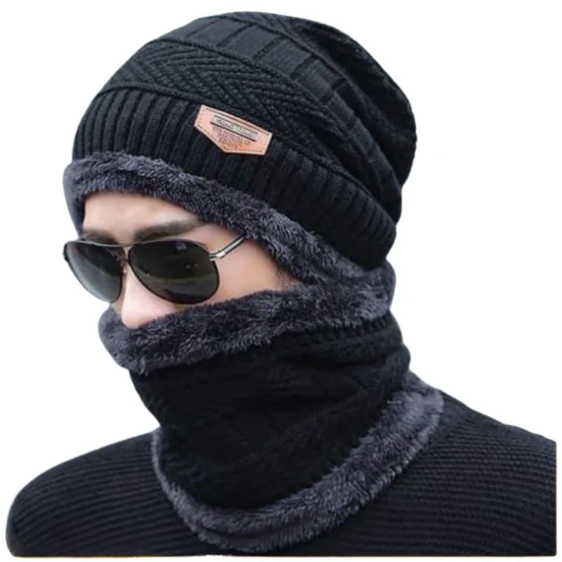Winter Wool Cap with Neck Warmer Set | Thermal Beanie & Scarf Combo | Black And Gray - Image 4