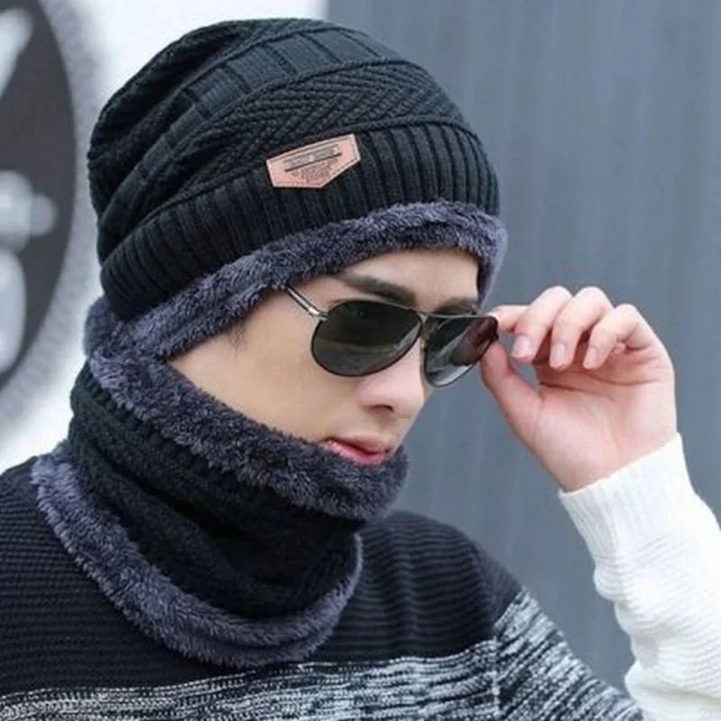 Winter Wool Cap with Neck Warmer Set | Thermal Beanie & Scarf Combo | Black And Gray - Image 5
