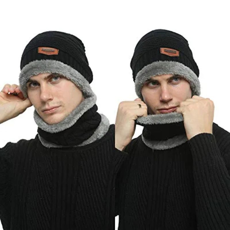 Winter Wool Cap with Neck Warmer Set | Thermal Beanie & Scarf Combo | Black And Gray