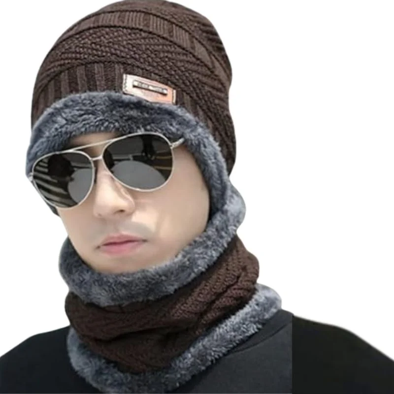 Winter Wool Cap with Neck Warmer Set | Thermal Beanie & Scarf Combo | Brown And Gray - Image 3
