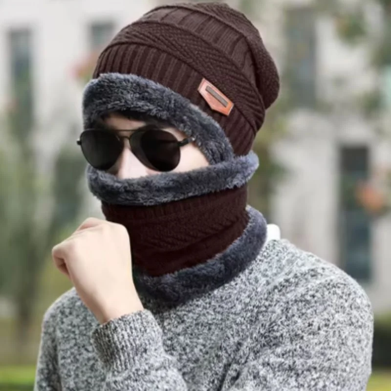 Winter Wool Cap with Neck Warmer Set | Thermal Beanie & Scarf Combo | Brown And Gray - Image 2