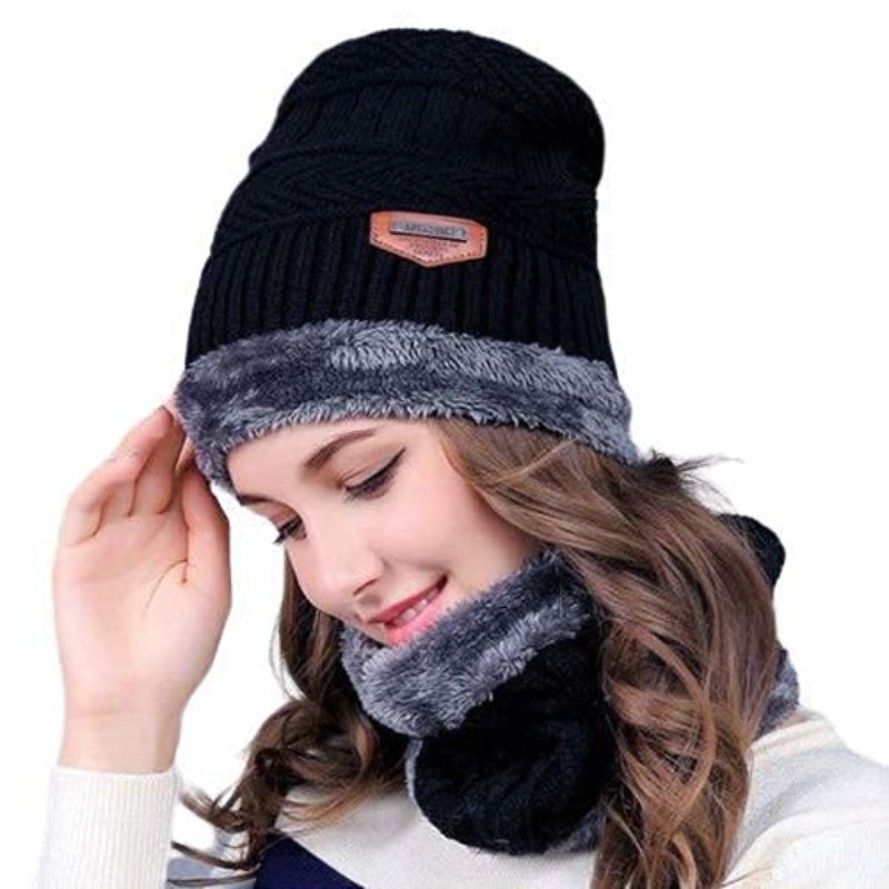 Winter Wool Cap with Neck Warmer Set | Thermal Beanie & Scarf Combo | Black And Gray - Image 7