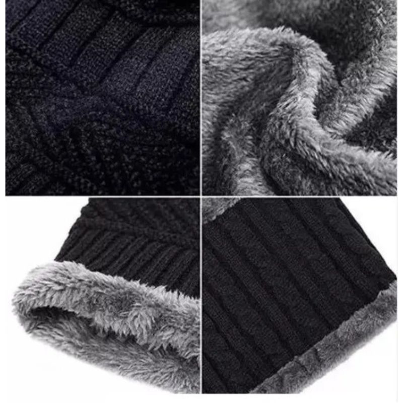 Winter Wool Cap with Neck Warmer Set | Thermal Beanie & Scarf Combo | Black And Gray - Image 8