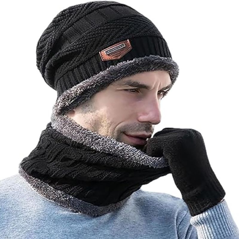 Winter Wool Cap with Neck Warmer Set | Thermal Beanie & Scarf Combo | Black And Gray - Image 9