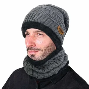 Winter Wool Cap with Neck Warmer Set | Thermal Beanie & Scarf Combo | Gray