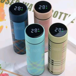 LED Temperature Display Water Bottle | Checkered Design | Smart Stainless Steel Vacuum 500ml Flask