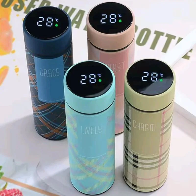 LED Temperature Display Water Bottle | Checkered Design | Smart Stainless Steel Vacuum 500ml Flask