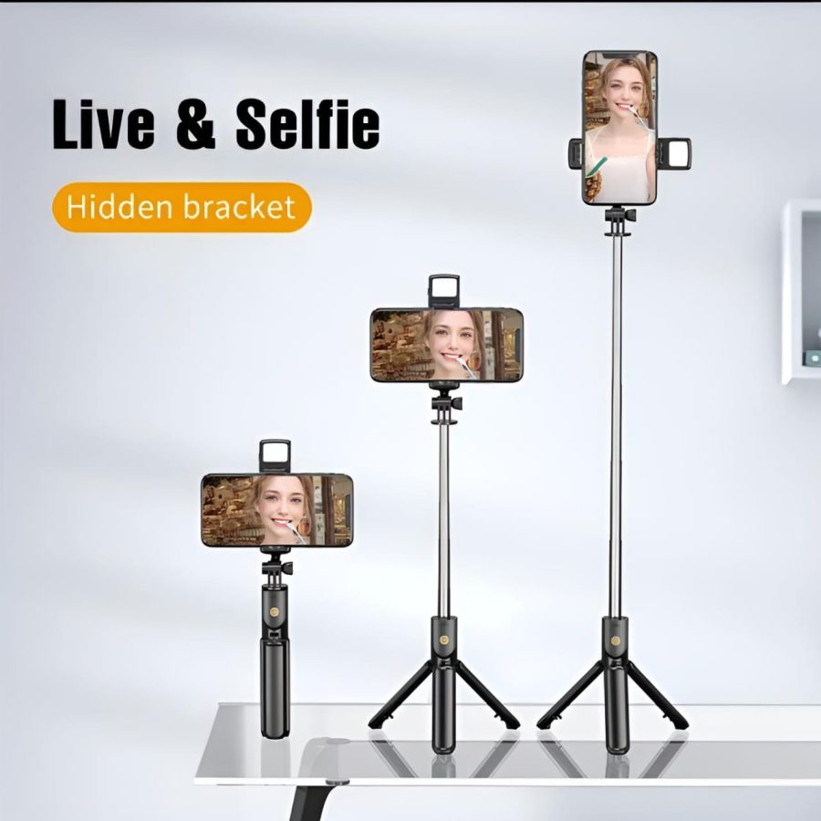 R1s Bluetooth Selfie Stick Tripod with Remote | 360° Foldable Phone & Action Camera Stand with LED Light - Image 2